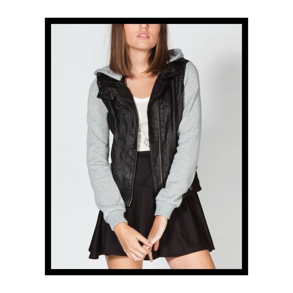 Fleece Sleeve Faux Leather Jacket with Hood